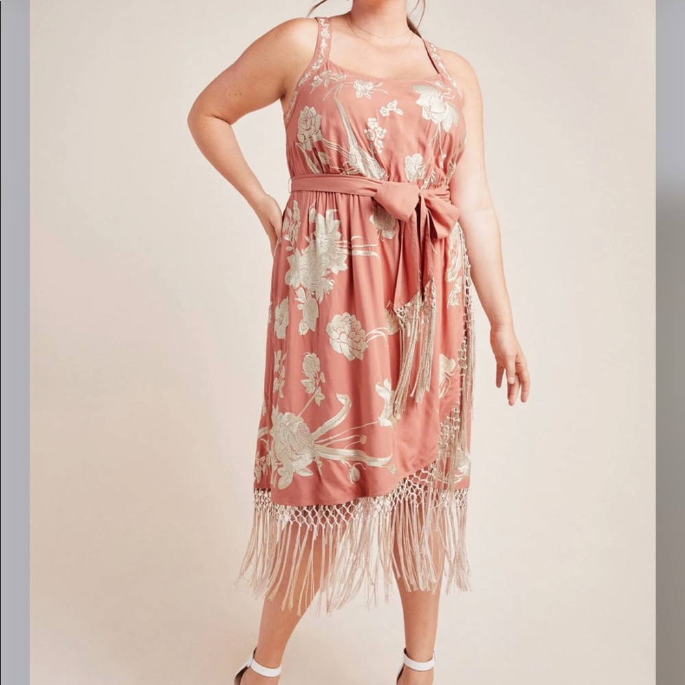 Lucille Drape Fringe Embroidered Tie Waist Dress
